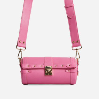 Sueno Chain Detail Tube Shaped Cross Body Bag In Pink Faux Leather,, Pink