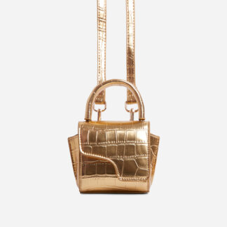 Citie Cross Body Mini Grab Bag In Gold Croc Print Metallic Faux Leather,, Gold