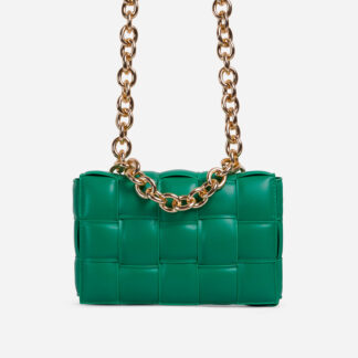 Jackson Chain Detail Quilted Shoulder Bag In Green Faux Leather,, Green