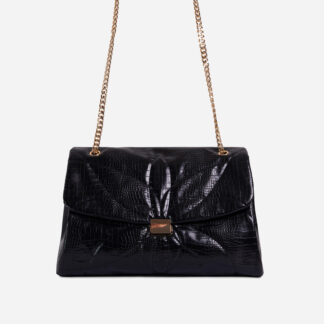 Liquor Chain Handle Detail Oversized Shoulder Bag In Black Croc Print Faux Leather,, Black