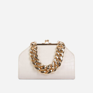 Tuco Chunky Chain Detail Boxy Grab Bag In White Croc Patent,, White