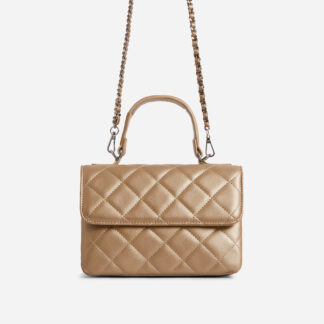 Asia Chain Detail Quilted Grab Bag In Gold Faux Leather,, Gold