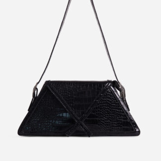 Emerge Triangle Shape Shoulder Bag In Black Croc Print Faux Leather,, Black