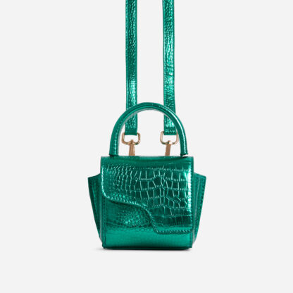 Citie Cross Body Mini Grab Bag In Green Croc Print Metallic Faux Leather,, Green