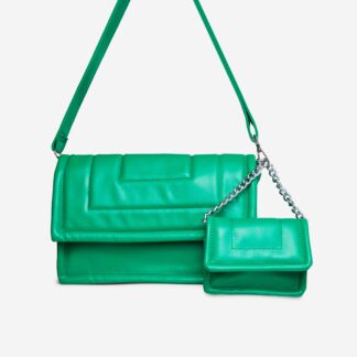 Chelsea Stitched Detail Rectangle Shoulder Bag And Purse In Green Faux Leather,, Green