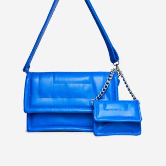 Chelsea Stitched Detail Rectangle Shoulder Bag And Purse In Blue Faux Leather,, Blue