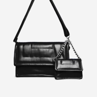 Chelsea Stitched Detail Rectangle Shoulder Bag And Purse In Black Faux Leather,, Black