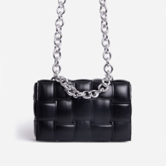 Jackson Chain Detail Quilted Shoulder Bag In Black Faux Leather,, Black