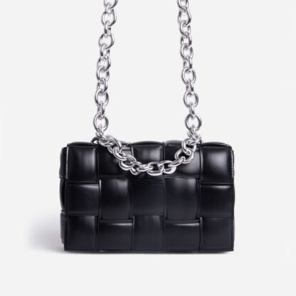 Jackson Chain Detail Quilted Shoulder Bag In Black Faux Leather,, Black