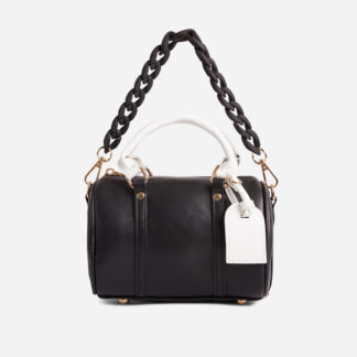 Envy Chain Strap Detail Oversized Bowling Bag In Black Faux Leather,, Black