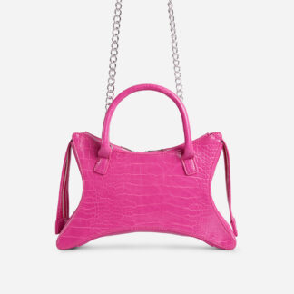 Mickie Shaped Cross Body Grab Bag In Pink Croc Print Faux Leather,, Pink