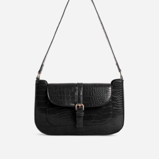 Jade Buckle Detail Shoulder Bag In Black Croc Print Faux Leather,, Black