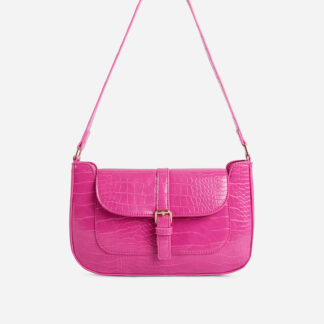 Jade Buckle Detail Shoulder Bag In Pink Croc Print Faux Leather,, Pink