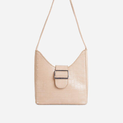 Carlson Buckle Detail Shaped Shoulder Bag In Nude Croc Print Faux Leather,, Nude