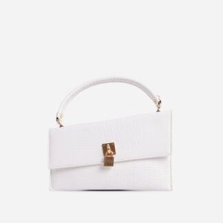 Thompson Asymmetric Padlock Detail Grab Bag In White Croc Print Faux Leather,, White