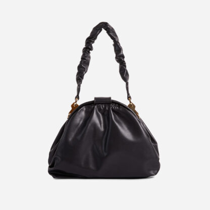 Kirk Round Ruched Top Handle Bag In Black Faux Leather,, Black