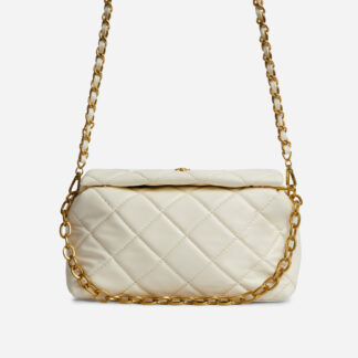 Dallas Chain Detail Quilted Cross Body Bag In White Faux Leather,, White