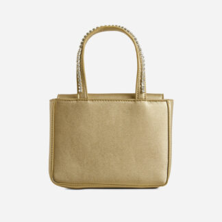 Yasir Diamante Handle Detail Mini Bag In Gold Faux Leather,, Gold