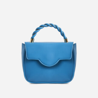 Emila Twisted Metallic Handle Mini Grab Bag In Blue Faux Leather,, Blue