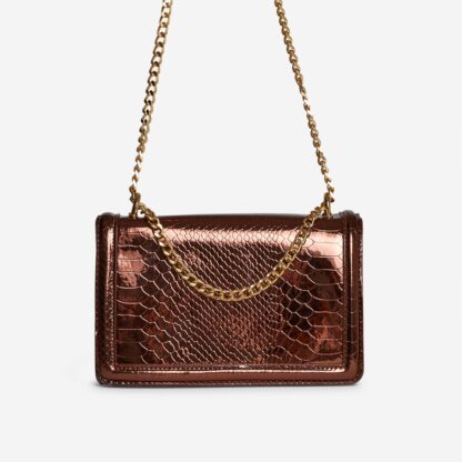 Danika Chain Strap Detail Cross Body Bag In Brown Metallic Croc Print Faux Leather,, Brown