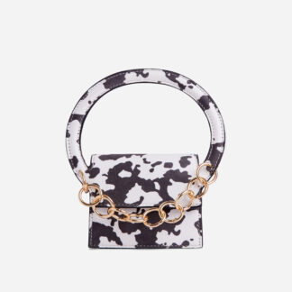 Parker Chain Detail Circle Handle Grab Bag In Black Cow Print Faux Suede,, Black