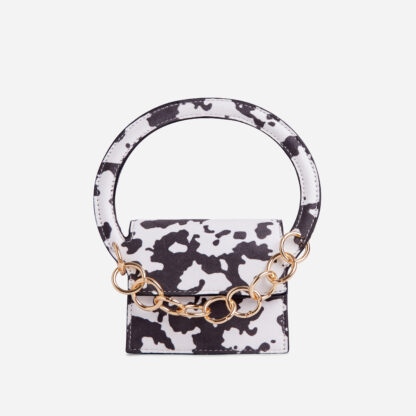 Parker Chain Detail Circle Handle Grab Bag In Black Cow Print Faux Suede,, Black