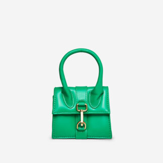 Payee Clasp Detail Top Handle Mini Bag In Green Faux Leather,, Green