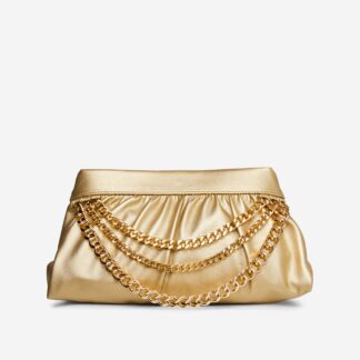 Parva Chain And Ruched Detail Pouch Bag In Gold Faux Leather,, Gold