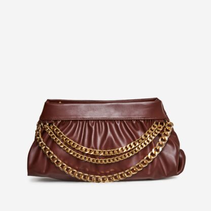 Parva Chain And Ruched Detail Pouch Bag In Brown Faux Leather,, Brown