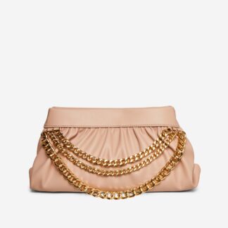 Parva Chain And Ruched Detail Pouch Bag In Nude Faux Leather,, Nude