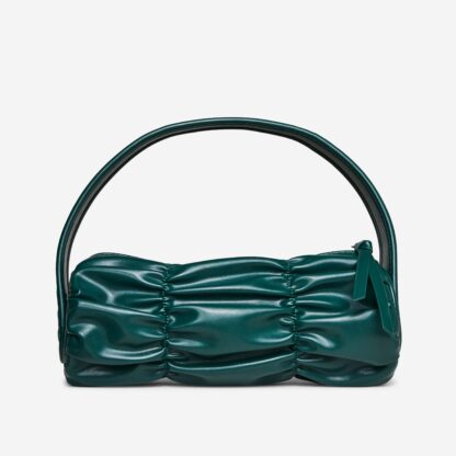 Weekender Ruched Detail Baguette Shoulder Bag In Green Faux Leather,, Green