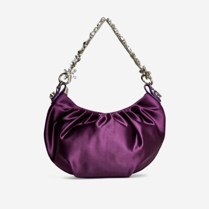 Saria Diamante Chain Strap Detail Shoulder Bag In Purple Satin,, Purple