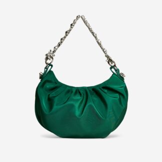 Saria Diamante Chain Strap Detail Shoulder Bag In Dark Green Satin,, Green