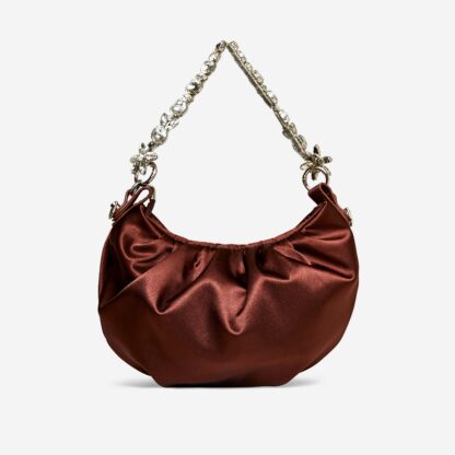 Saria Diamante Chain Strap Detail Shoulder Bag In Brown Satin,, Brown