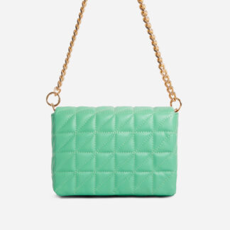 Hatty Chain Strap Quilted Shoulder Bag In Green Faux Leather,, Green