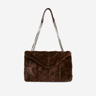 Fizz Zig Zag Detail Chain Strap Shoulder Bag In Brown Faux Fur,, Brown