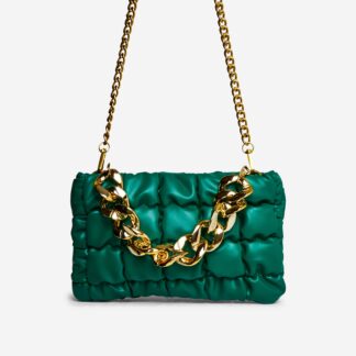 Irene Ruched Chain Detail Cross Body Bag In Green Faux Leather,, Green