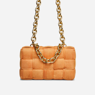 Jackson Chain Detail Quilted Shoulder Bag In Orange Faux Suede,, Orange