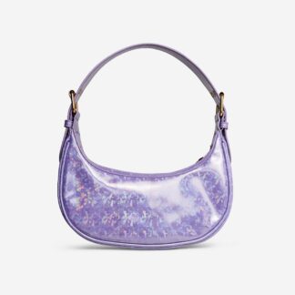 Jewel Shaped Shoulder Bag In Purple Holographic Faux Leather,, Purple