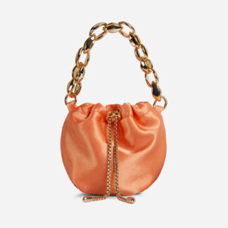 Lara Chain Drawstring Strap Mini Bucket Bag In Orange Satin,, Orange