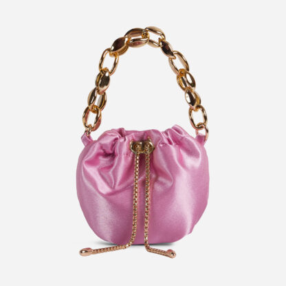 Lara Chain Drawstring Strap Mini Bucket Bag In Pink Satin,, Pink