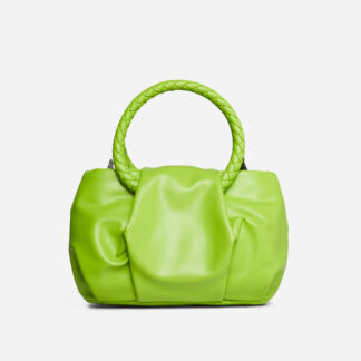 Loretta Braided Top Handle Detail Pleated Bag In Green Faux Leather,, Green