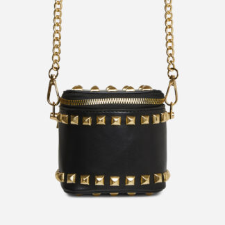 Narna Studded Detail Vanity Box Cross Body Bag In Black Faux Leather,, Black