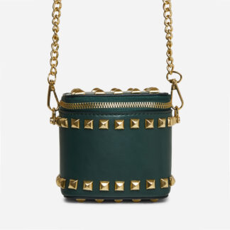 Narna Studded Detail Vanity Box Cross Body Bag In Dark Green Faux Leather,, Green