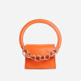 Parker Chain Detail Circle Handle Grab Bag In Orange Faux Leather,, Orange