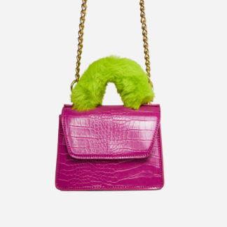 Parla Green Faux Fur Top Handle Cross Body Bag In Pink Croc Print Faux Leather,, Pink