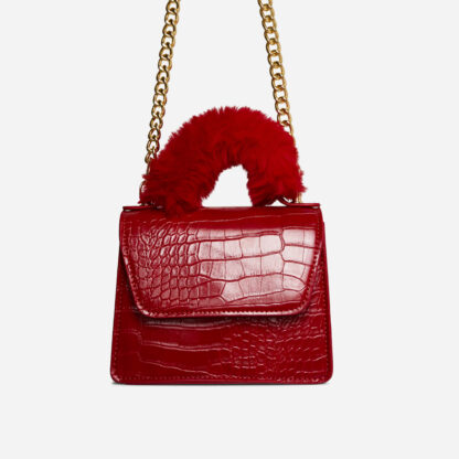 Parla Faux Fur Top Handle Cross Body Bag In Red Croc Print Faux Leather,, Red