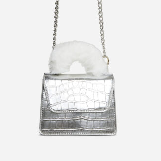 Parla White Faux Fur Top Handle Cross Body Bag In Silver Croc Print Faux Leather,, Silver