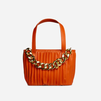 Romona Pleated Chain Detail Cross Body Bag In Orange Faux Leather,, Orange