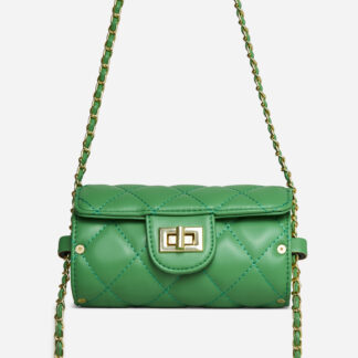 Selena Clasp Detail Baguette Shaped Cross Body Bag In Green Faux Leather,, Green